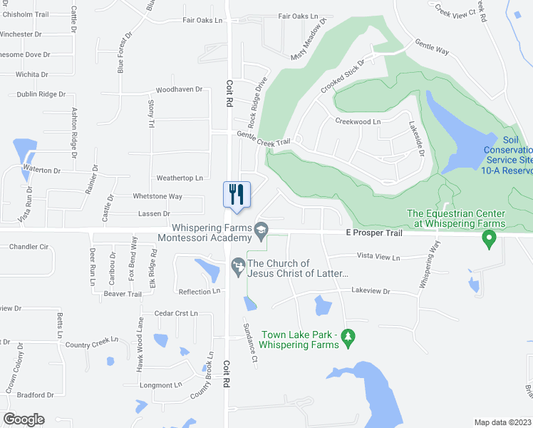 map of restaurants, bars, coffee shops, grocery stores, and more near 850 Wind Brook Lane in Prosper