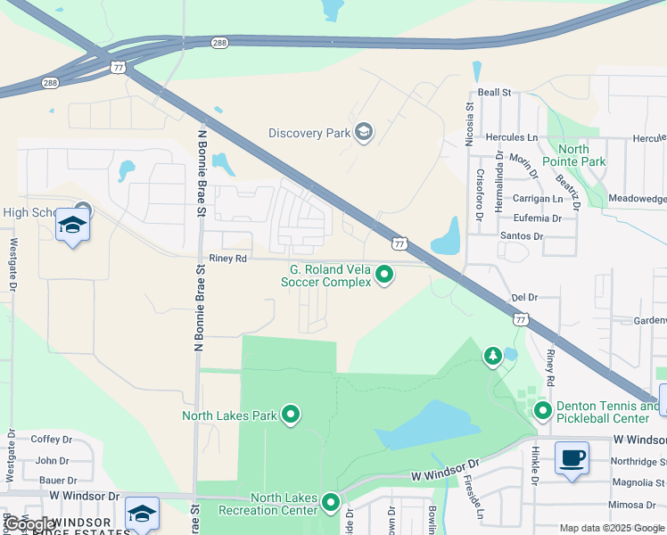 map of restaurants, bars, coffee shops, grocery stores, and more near 3465 Solana Circle in Denton