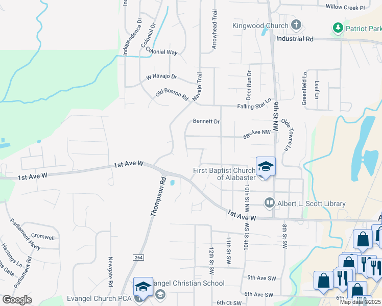 map of restaurants, bars, coffee shops, grocery stores, and more near 1219 Bennett Circle in Alabaster