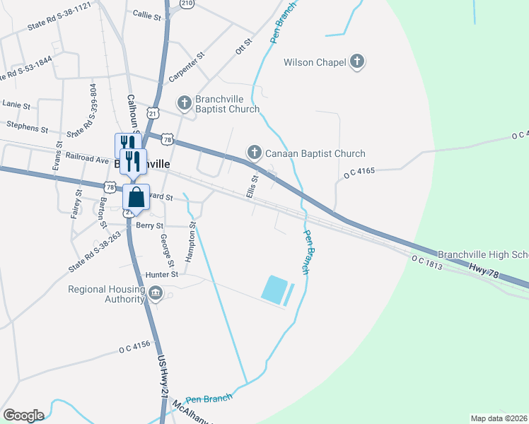 map of restaurants, bars, coffee shops, grocery stores, and more near 1411 Ellis Street in Branchville