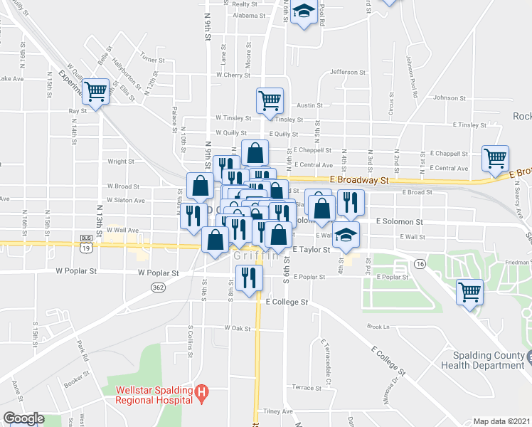map of restaurants, bars, coffee shops, grocery stores, and more near 102 North Hill Street in Griffin