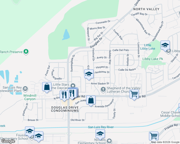 map of restaurants, bars, coffee shops, grocery stores, and more near 739 Foxwood Drive in Oceanside