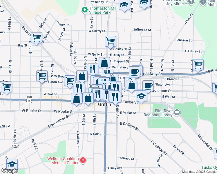 map of restaurants, bars, coffee shops, grocery stores, and more near in Griffin