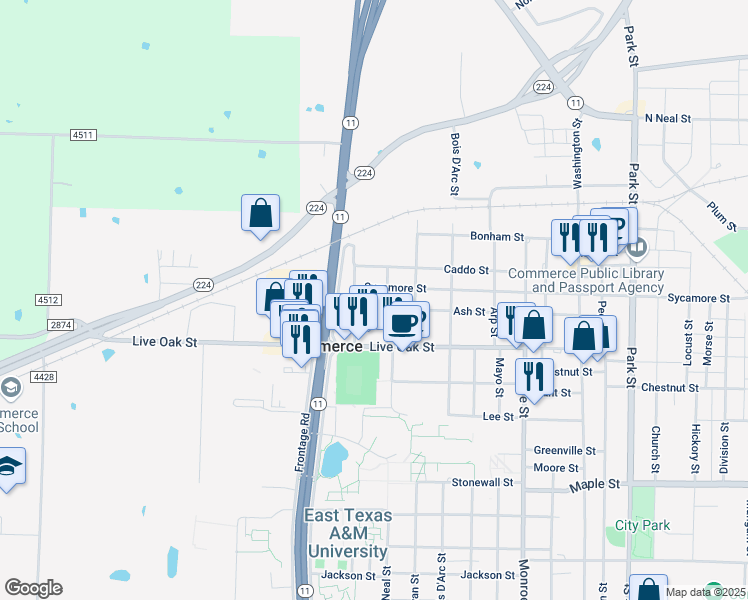map of restaurants, bars, coffee shops, grocery stores, and more near 1404 Prim Street in Commerce