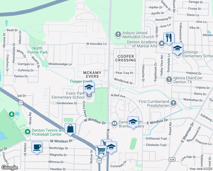 map of restaurants, bars, coffee shops, grocery stores, and more near 124 Cobblestone Row in Denton