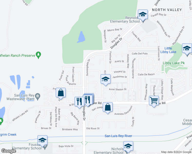 map of restaurants, bars, coffee shops, grocery stores, and more near 4471 La Quinta Place in Oceanside