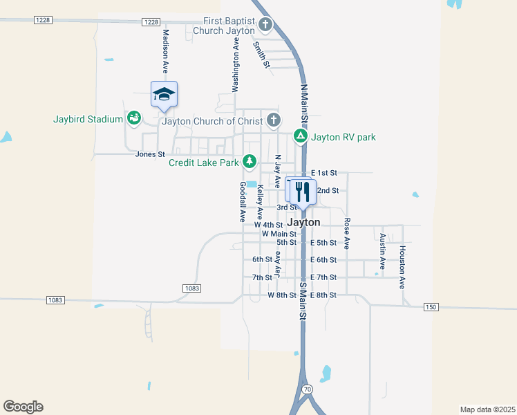 map of restaurants, bars, coffee shops, grocery stores, and more near 300-340 3rd Street in Jayton