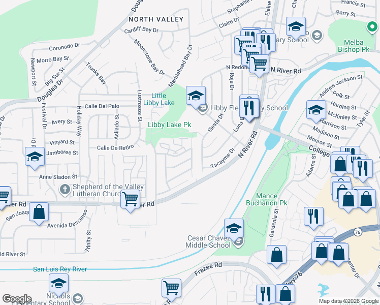 map of restaurants, bars, coffee shops, grocery stores, and more near 4797 Calle Las Positas in Oceanside