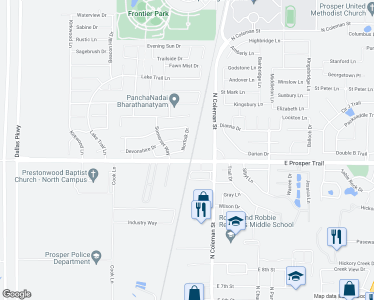 map of restaurants, bars, coffee shops, grocery stores, and more near 1140 Norfolk Drive in Prosper
