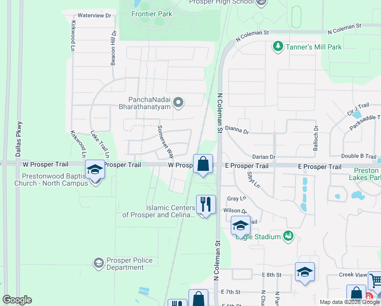 map of restaurants, bars, coffee shops, grocery stores, and more near 1140 Norfolk Drive in Prosper