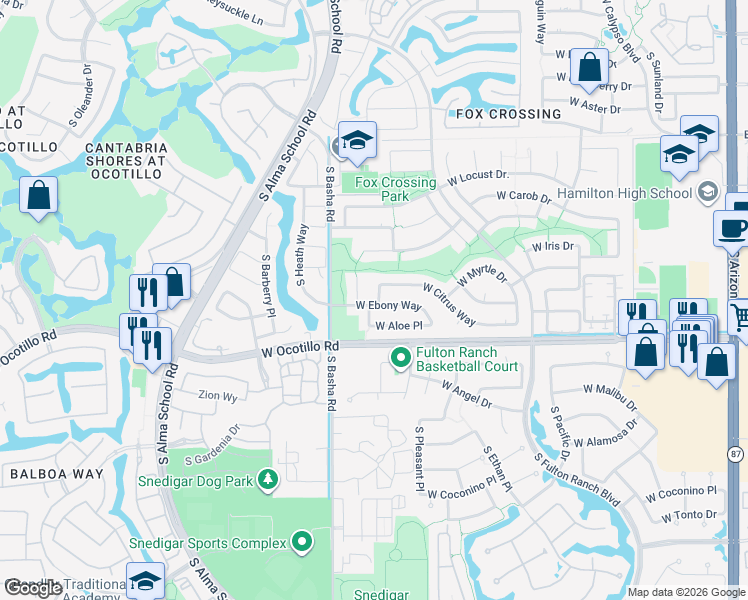 map of restaurants, bars, coffee shops, grocery stores, and more near 3930 South Emerson Street in Chandler