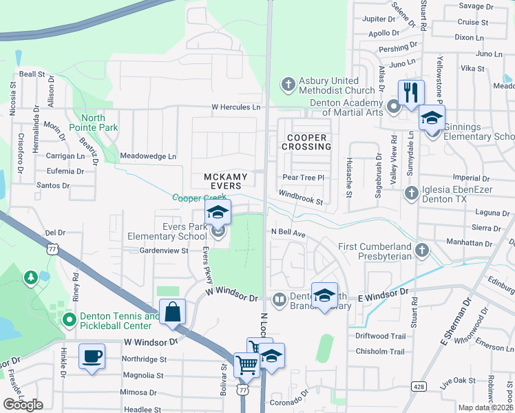 map of restaurants, bars, coffee shops, grocery stores, and more near 124 Cobblestone Row in Denton