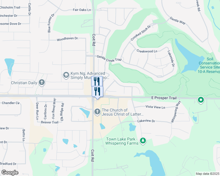 map of restaurants, bars, coffee shops, grocery stores, and more near 870 Wind Brook Lane in Prosper