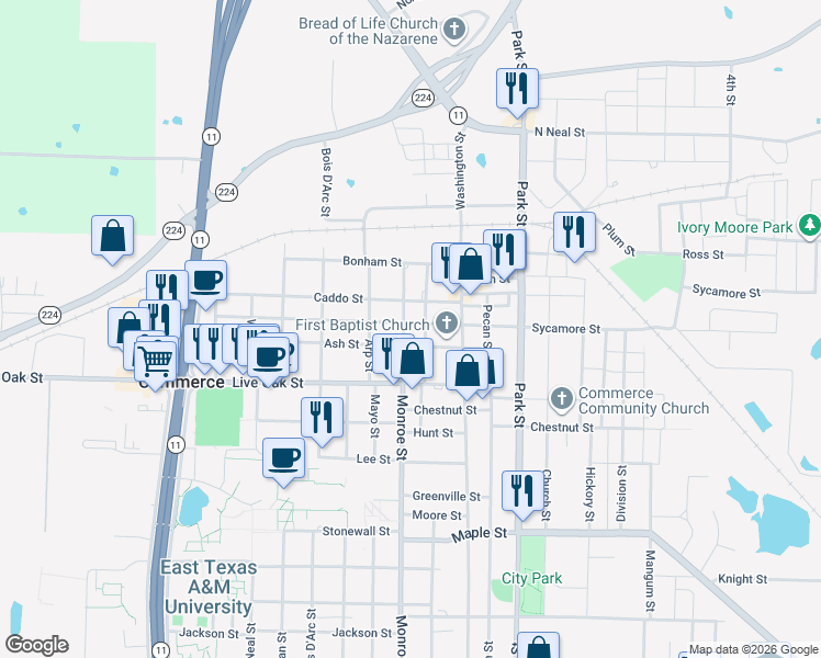 map of restaurants, bars, coffee shops, grocery stores, and more near 1409 Sycamore St in Commerce