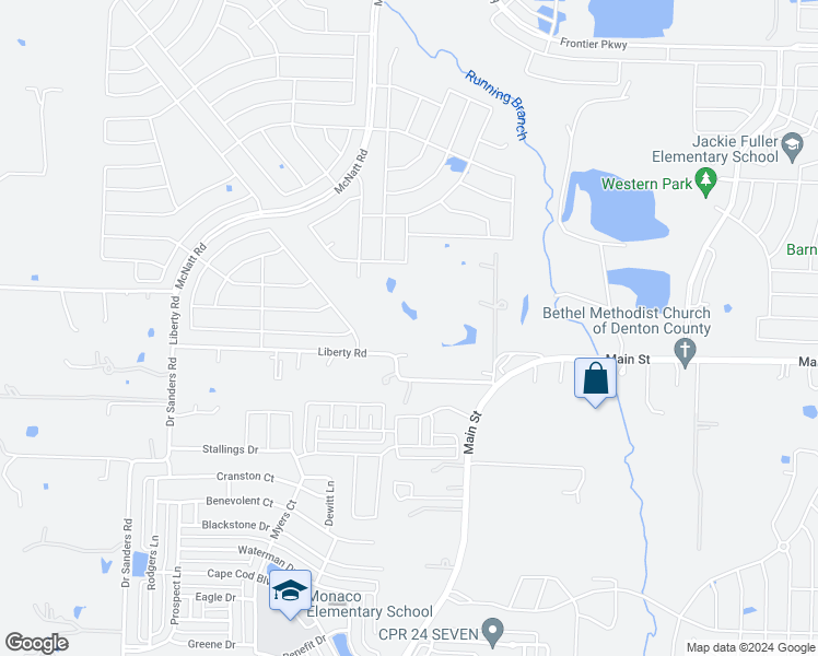 map of restaurants, bars, coffee shops, grocery stores, and more near 10213 Liberty Road in Aubrey