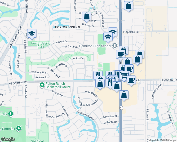 map of restaurants, bars, coffee shops, grocery stores, and more near 3949 South Illinois Street in Chandler
