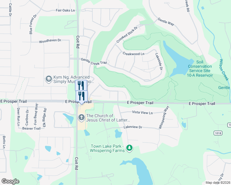 map of restaurants, bars, coffee shops, grocery stores, and more near 861 Woodview Dr in Prosper