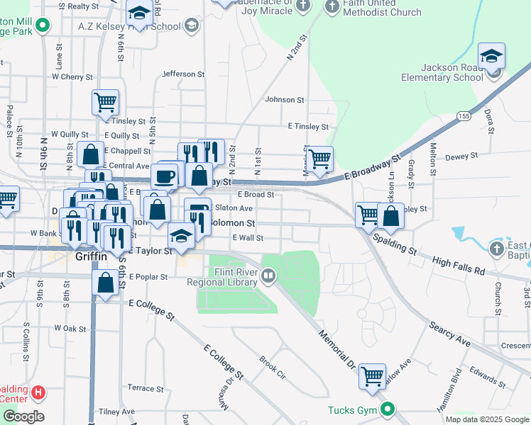 map of restaurants, bars, coffee shops, grocery stores, and more near 708 East Slaton Avenue in Griffin