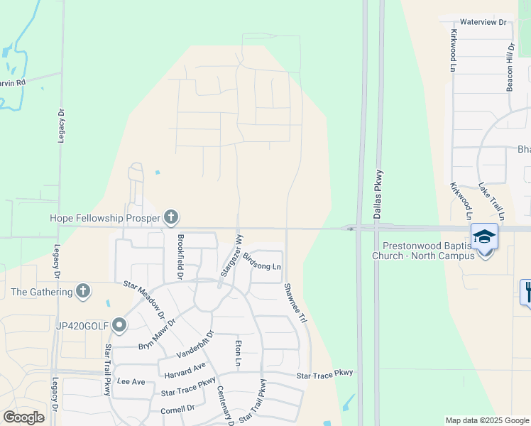 map of restaurants, bars, coffee shops, grocery stores, and more near 960 Shooting Star Drive in Prosper