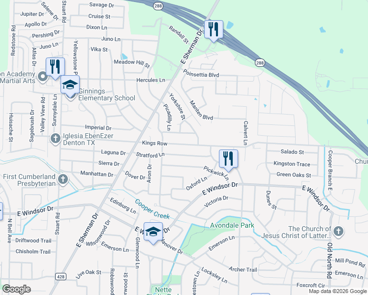 map of restaurants, bars, coffee shops, grocery stores, and more near 1414 Kings Row in Denton