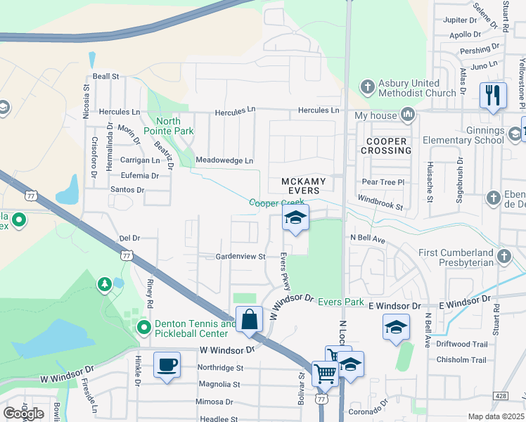 map of restaurants, bars, coffee shops, grocery stores, and more near 3349 Brooke Street in Denton
