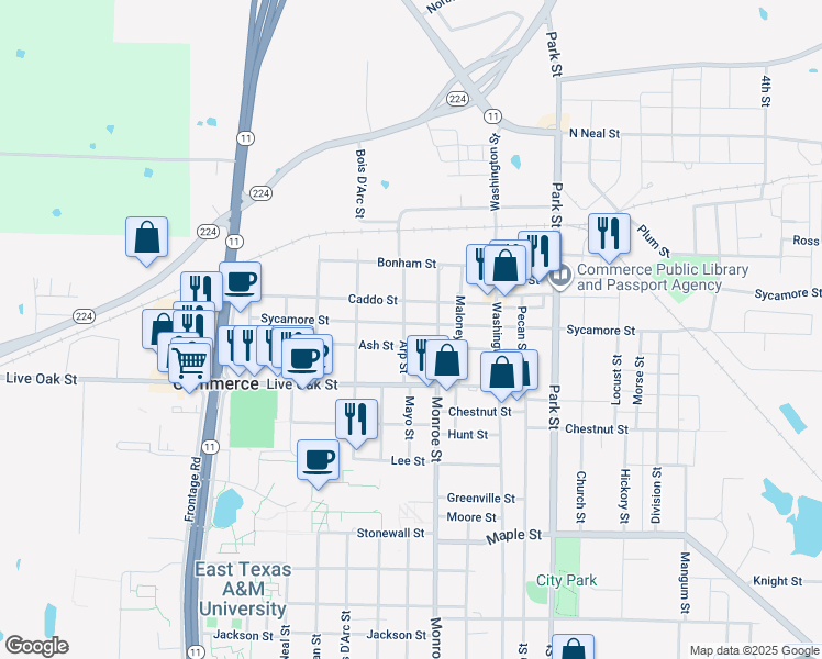 map of restaurants, bars, coffee shops, grocery stores, and more near 1511 Sycamore St in Commerce