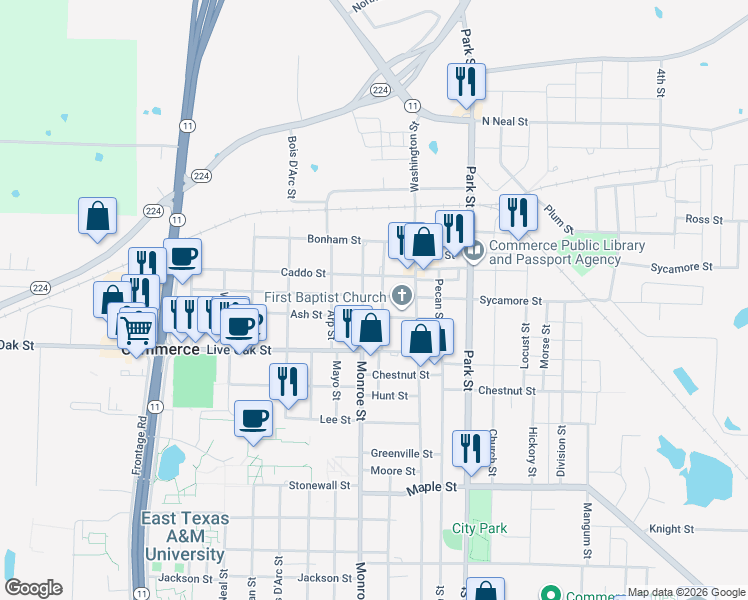 map of restaurants, bars, coffee shops, grocery stores, and more near 1405 Sycamore Street in Commerce