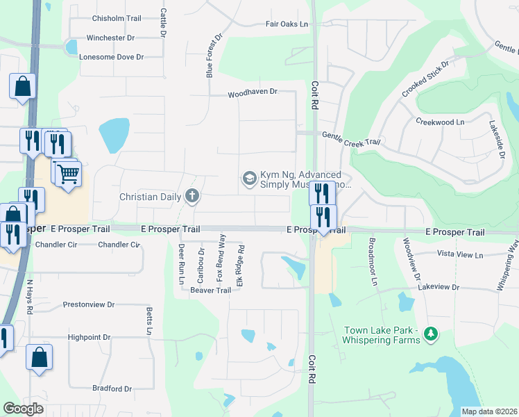map of restaurants, bars, coffee shops, grocery stores, and more near 2151 Lassen Drive in Prosper