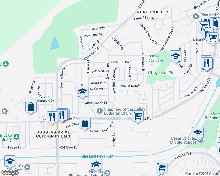 map of restaurants, bars, coffee shops, grocery stores, and more near 231 Holiday Way in Oceanside