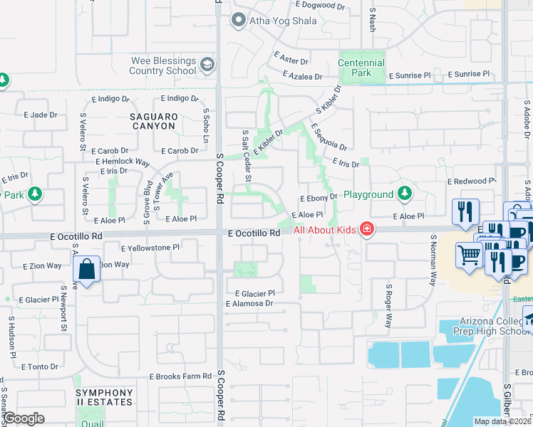 map of restaurants, bars, coffee shops, grocery stores, and more near 2176 East Aloe Place in Chandler
