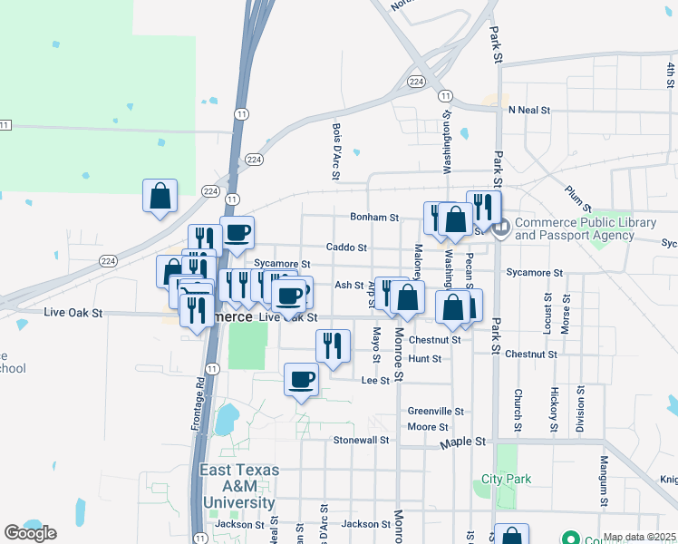 map of restaurants, bars, coffee shops, grocery stores, and more near 1402 Bois D'Arc Street in Commerce