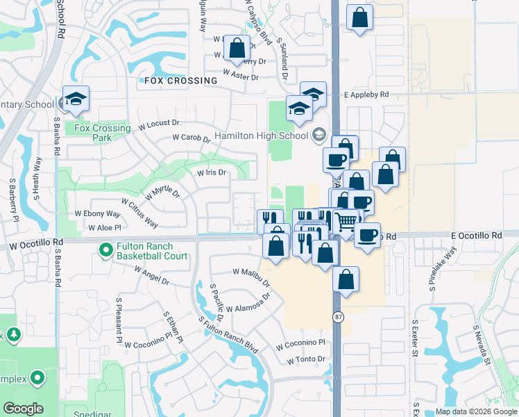 map of restaurants, bars, coffee shops, grocery stores, and more near 3937 South Nebraska Street in Chandler