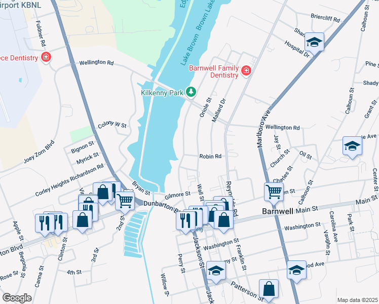 map of restaurants, bars, coffee shops, grocery stores, and more near 25 Robin Road in Barnwell