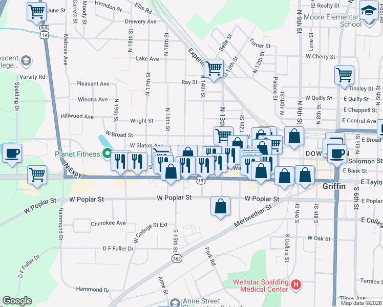 map of restaurants, bars, coffee shops, grocery stores, and more near 823 West Solomon Street in Griffin