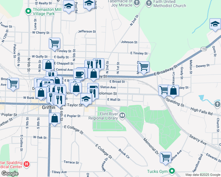 map of restaurants, bars, coffee shops, grocery stores, and more near 604 East Slaton Avenue in Griffin
