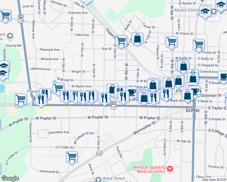 map of restaurants, bars, coffee shops, grocery stores, and more near 823 West Solomon Street in Griffin