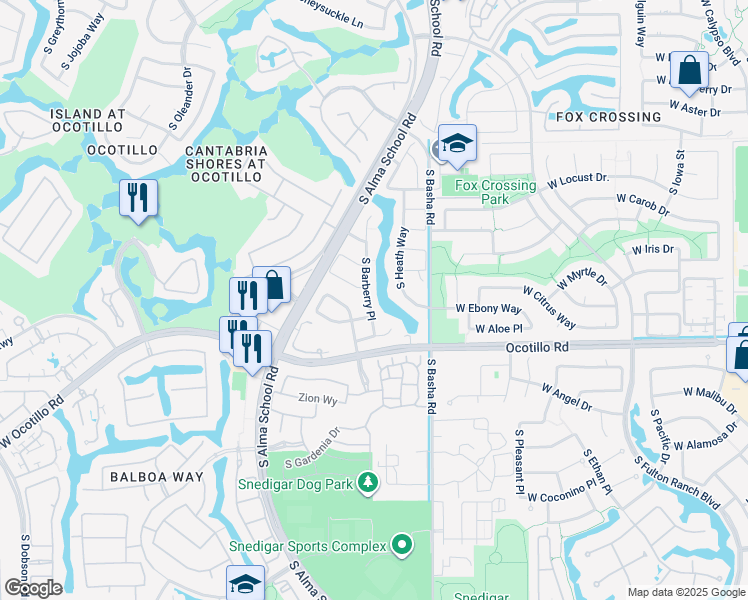 map of restaurants, bars, coffee shops, grocery stores, and more near 3811 South Barberry Place in Chandler