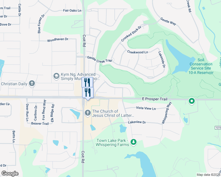 map of restaurants, bars, coffee shops, grocery stores, and more near 2700 Meadow Ridge Dr in Prosper