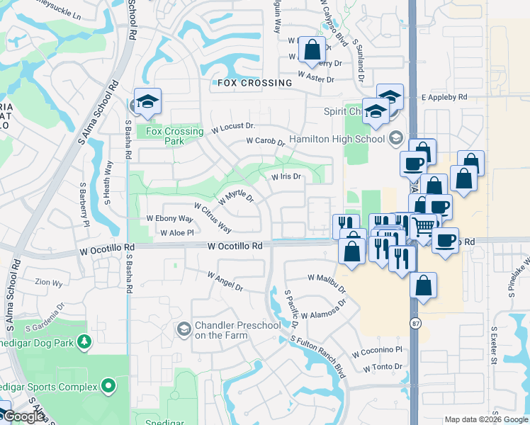 map of restaurants, bars, coffee shops, grocery stores, and more near 3921 South Tumbleweed Lane in Chandler