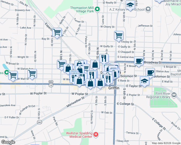 map of restaurants, bars, coffee shops, grocery stores, and more near 110 North 10th Street in Griffin