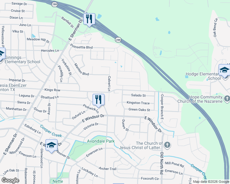 map of restaurants, bars, coffee shops, grocery stores, and more near 2200 Kings Row in Denton