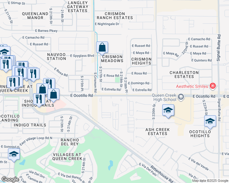 map of restaurants, bars, coffee shops, grocery stores, and more near 21767 East Estrella Road in Queen Creek