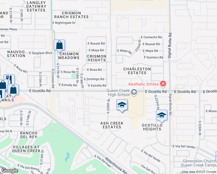 map of restaurants, bars, coffee shops, grocery stores, and more near 21979 South 219th Place in Queen Creek