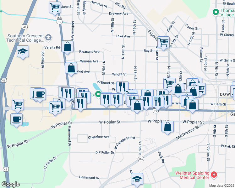 map of restaurants, bars, coffee shops, grocery stores, and more near 1111 West Solomon Street in Griffin