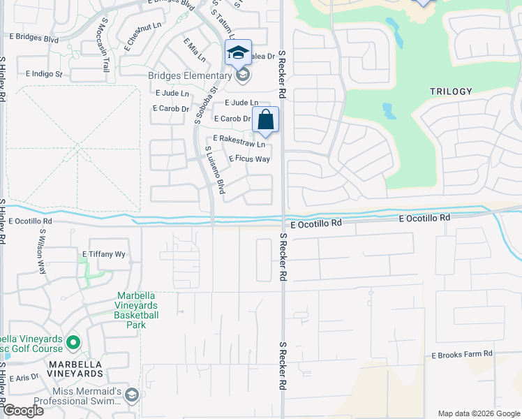 map of restaurants, bars, coffee shops, grocery stores, and more near 3915 East Blue Spruce Lane in Gilbert