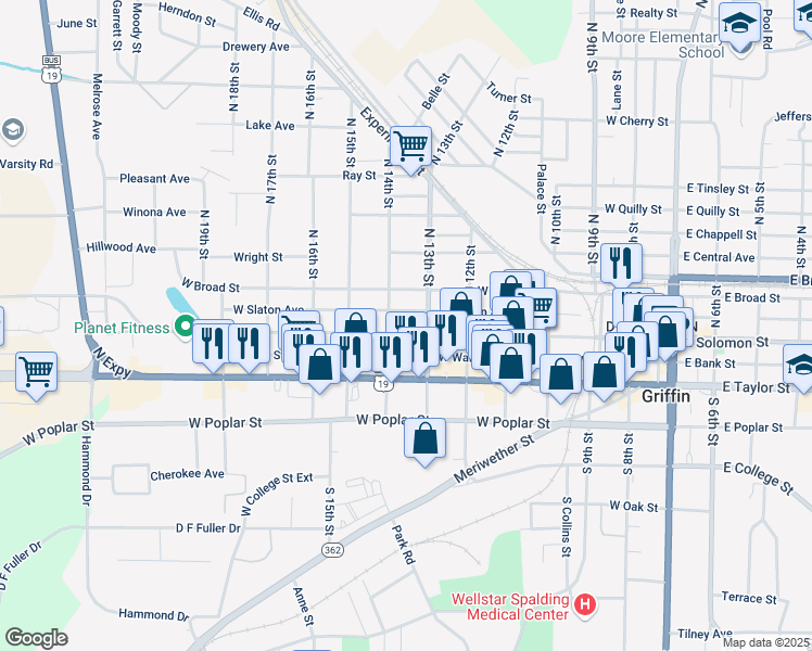 map of restaurants, bars, coffee shops, grocery stores, and more near 721 West Solomon Street in Griffin