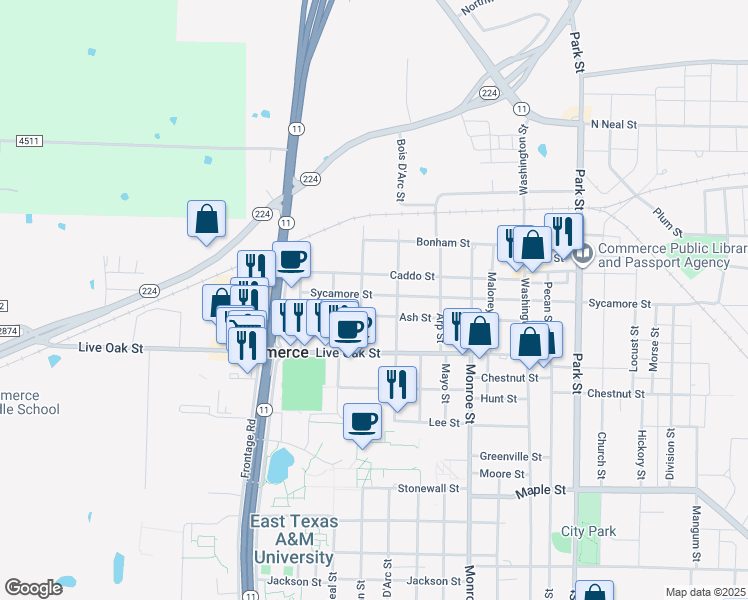 map of restaurants, bars, coffee shops, grocery stores, and more near 1709 Sycamore Street in Commerce