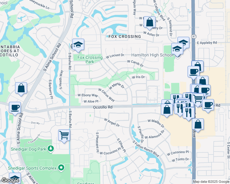 map of restaurants, bars, coffee shops, grocery stores, and more near 3922 South Cox Court in Chandler