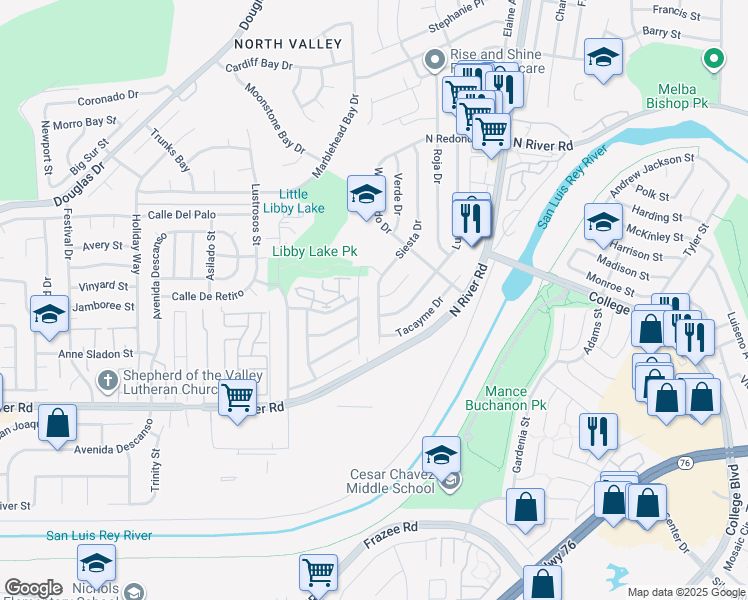 map of restaurants, bars, coffee shops, grocery stores, and more near 4824 Siesta Drive in Oceanside