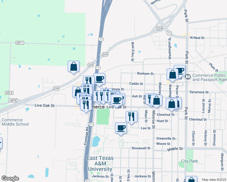 map of restaurants, bars, coffee shops, grocery stores, and more near 1400 West Neal Street in Commerce